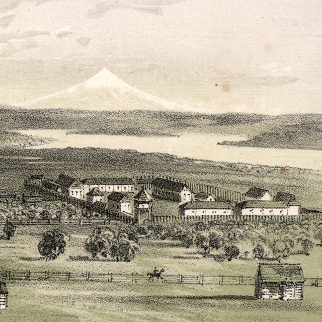 A historic lithograph by Gustav Sohon of Fort Vancouver