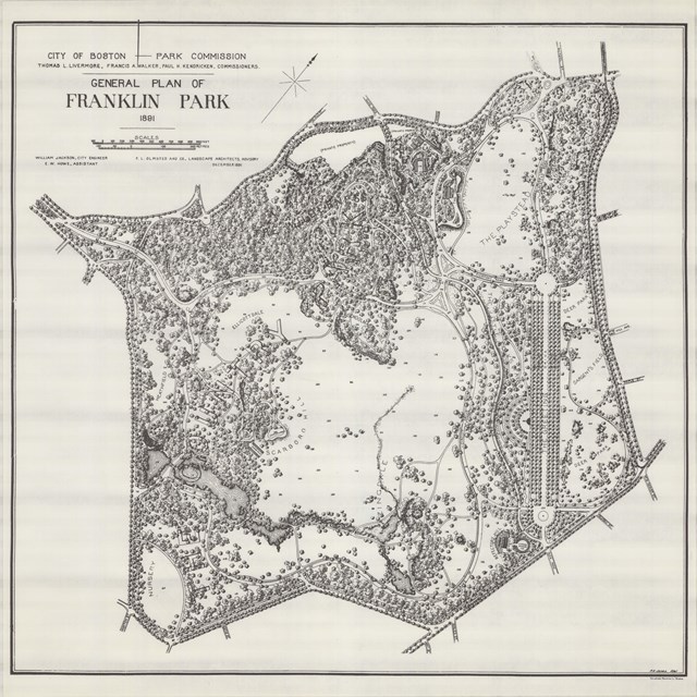 Map of Franklin Park with open space, paths, and lots of trees