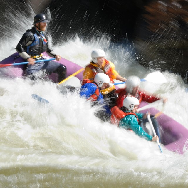 Raft going through a rapid