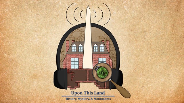 graphic of headphones surrounding memorial house, monument, building foundation, and magnify glass