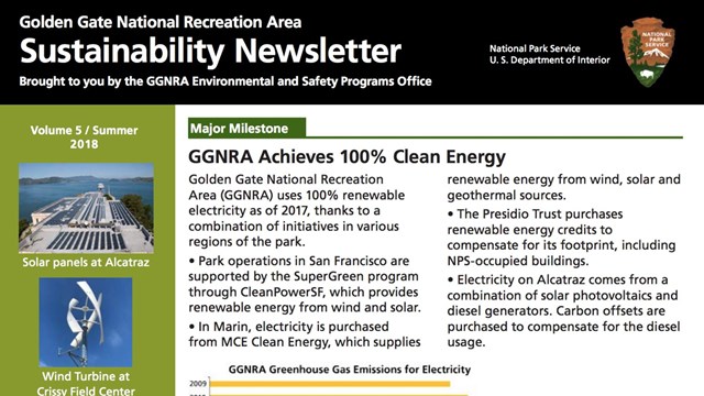 Cover page with headline reading "GGNRA achieves 100% renewable energy"