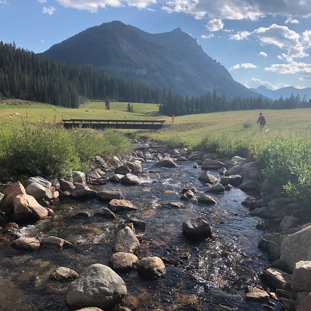 Mountain stream running through a meadow with wooden bridge crossing.