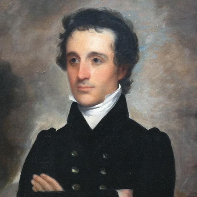 Painting of a white man with black hair in a military uniform with his arms crossed.