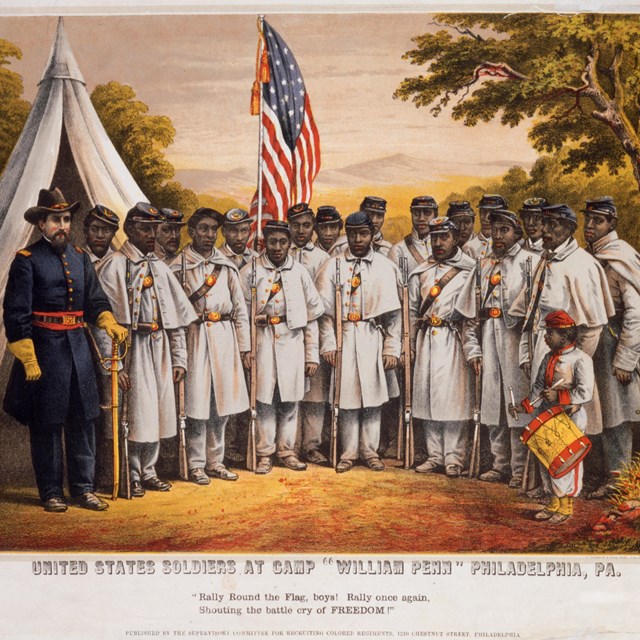 Historic engraving of African American soldiers during the American Civil War.