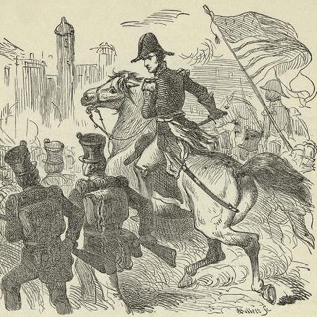 Pencil sketch of soldiers entering a city with an officer on horseback in the center.