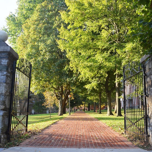 Stone pillars hold iron gates that open onto a brick walkway through a wooded campus