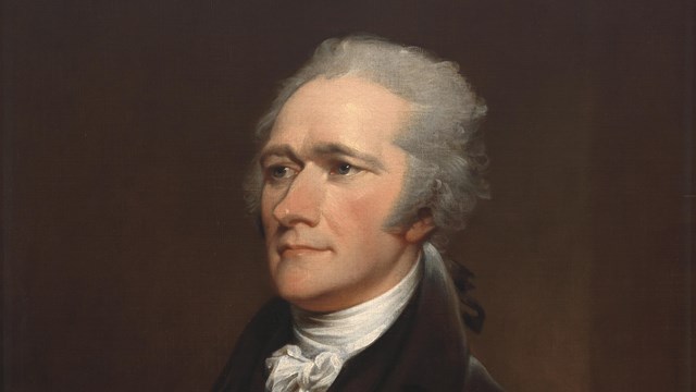 Alexander Hamilton painted portrait. Hamilton wears a black coat and white neck ruffles. 