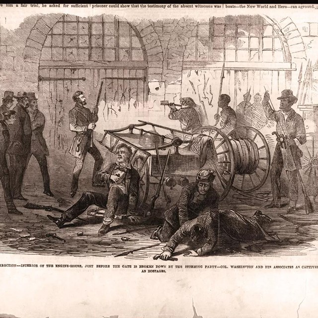 Men shot and bleeding, John Brown and others with rifle and pikes. Artist James E. Taylor