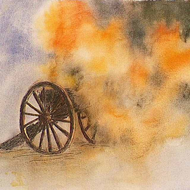 Watercolor painting of a civil war era canon exploding