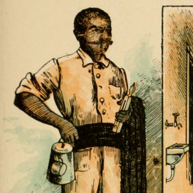 Illustration of African American man with mustache in white uniform holding a kettle