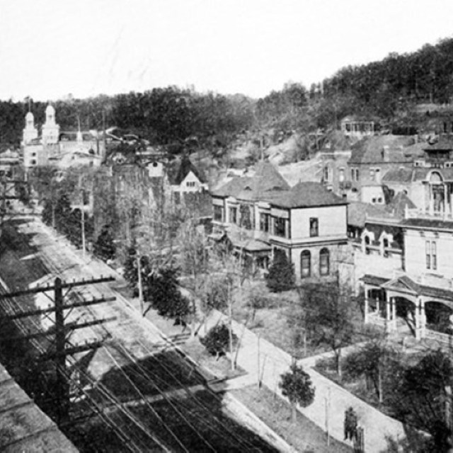A black and white view at downtown Hot Springs in the early 1900s.