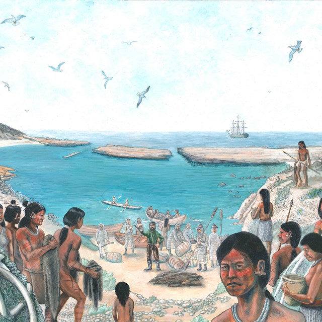 Native American Indians in village along coast. 