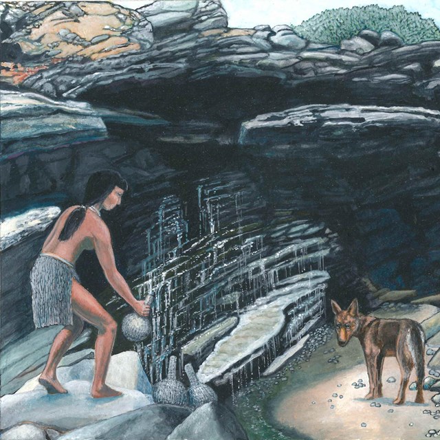 Painting of woman collecting water at spring with her dogs. 