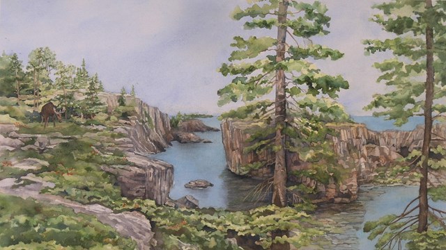 Painting of a moose encounter on the Stoll Trail.