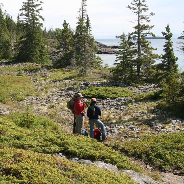 Three people with day backpacks stand on a trail surrounded by rocks, shrubs, forest, and water. 