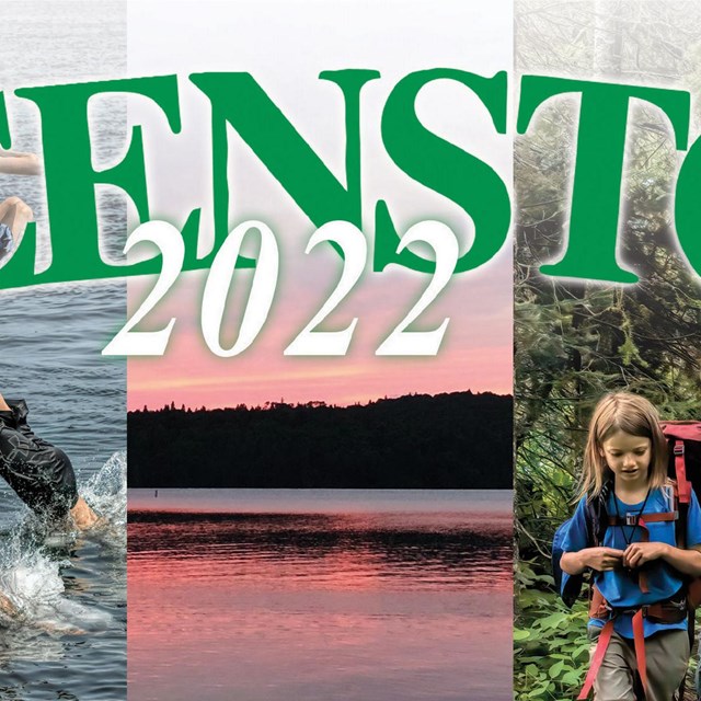 Collage of boats, kids diving, a sunset, kids hiking, and a tent with Greenstone 2021 superimposed.