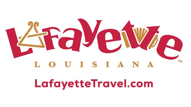 Red text says "Lafayette" and "LafayetteTravel.com". Yellow text says "LOUISIANA".