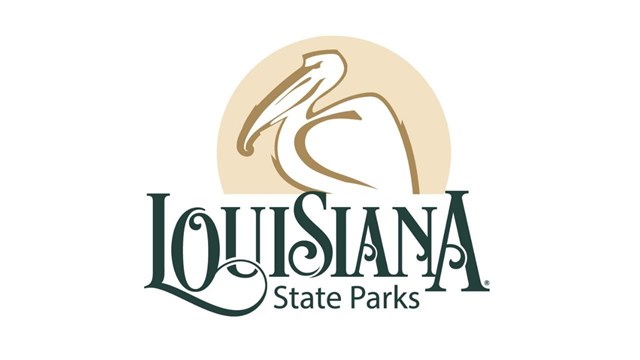 Blue text says "Louisiana State Parks". There is a graphic of a pelican on top of the text.