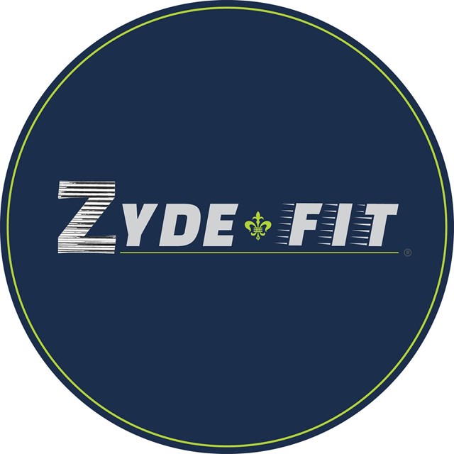 Zydefit logo, blue circle with the text zydefit in the center