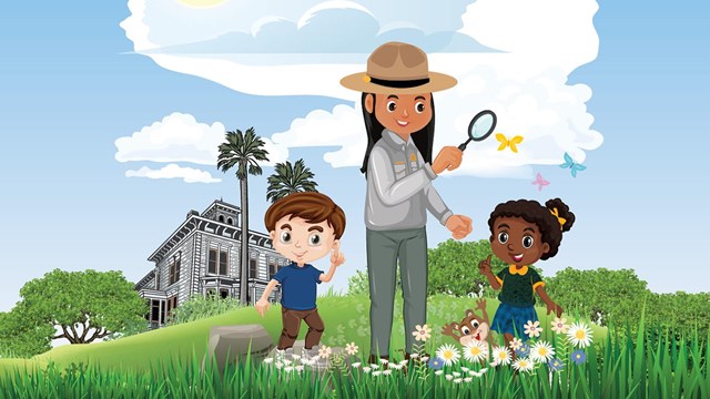 An illustration of a female ranger, a small boy and small girl stand in front of the Muir house. 
