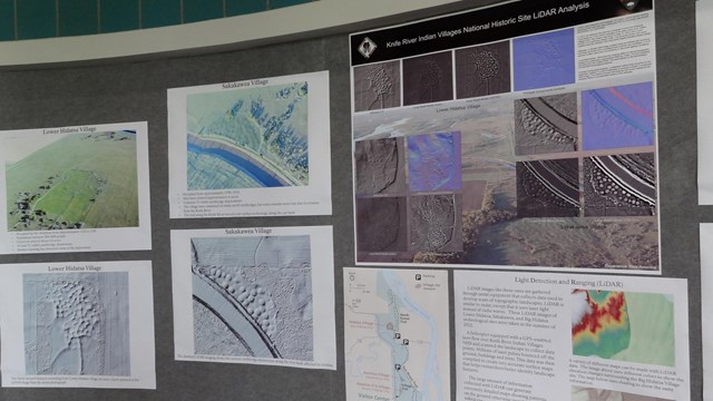 A wall of Knife River Indian Villages maps and LiDAR images.