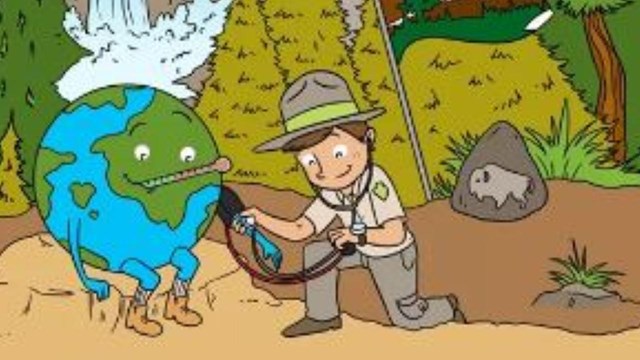 An illustration of a junior ranger taking the pulse of planet earth surrounded by trees and water. 