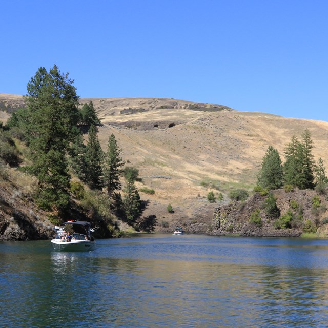 Two boats navigate their way down an arm of the lake with vertical basalt shores topped with pines.