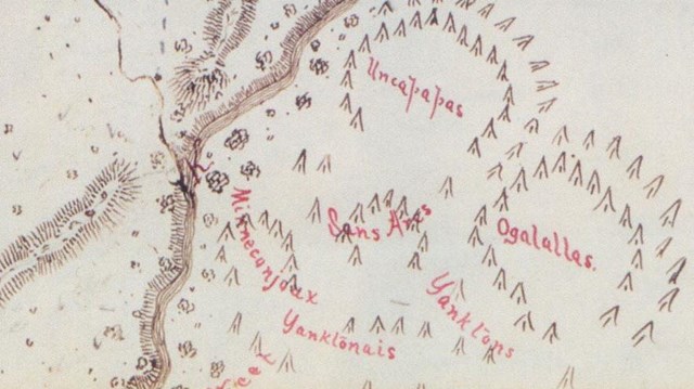hand drawn map along water with many native group names in red pen