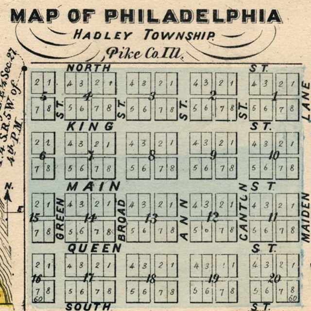 A map of New Philadelphia with land lots and roads