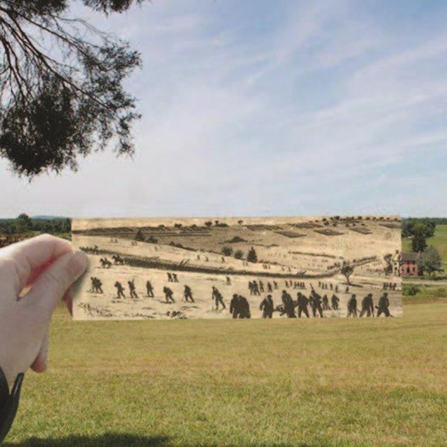 Color photo of the Stone House and fields with superimposed sketch of Civil War Battle in front
