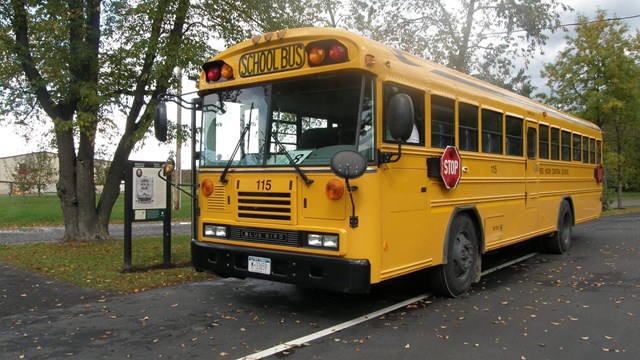 An image of a yellow school bus in a parking lot 