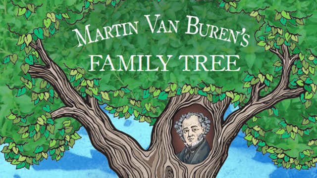 Colorized sketch of a tree with Martin Van Buren's image in the knot 
