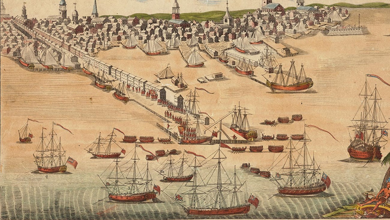 A view of Boston Harbor as British soldiers loaded into small boats land on a wharf in 1768