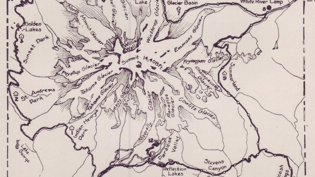 Historic map of Mount Rainier with the Wonderland Trail encircling the mountain. 