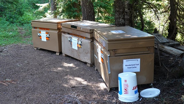 Three large metal storage lockers set up outside with a sign reading "Wonderland Trail Food Cache."