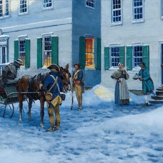 A painting of the Ford Mansion in Morristown, depicting Mrs. Washington's arrival in winter