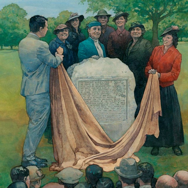 A painting of women and a man unveiling a 3' tall stone monument. 