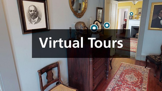 View inside a historic home with a black box with white text "Virtual Tours"