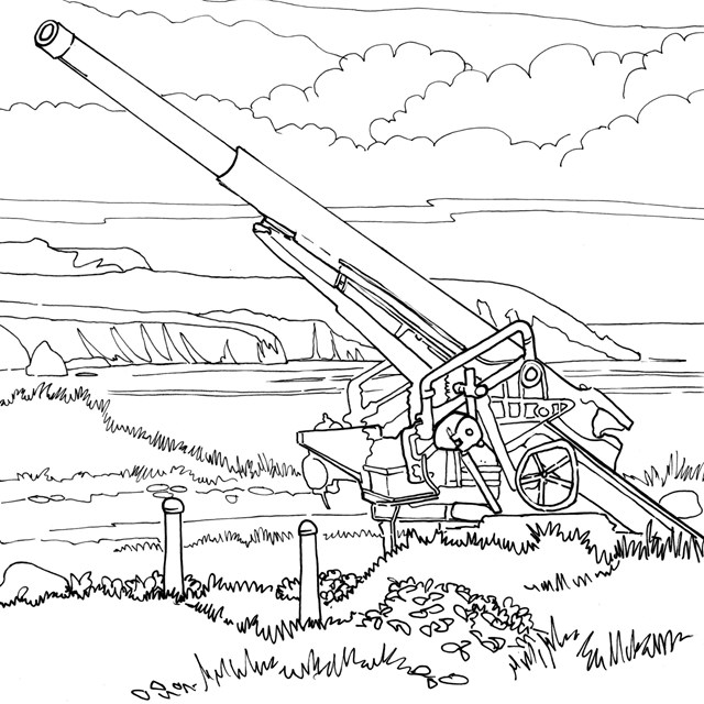 A line drawing landscape view showing a Japanese anti-aircraft gun in the grass pointed skyward.