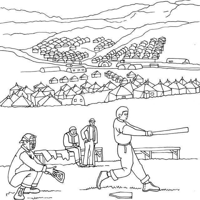 A line drawing with soldiers in the foreground playing baseball and military base in the background.