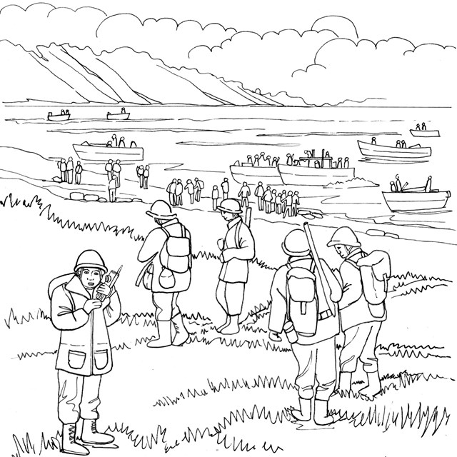 A line drawing of WWII uniformed soldiers arriving by ocean to the island.