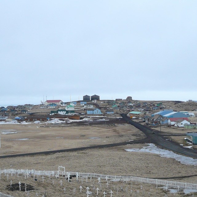 A photo of an Orthodox cemetery with white crosses and St. George Village, Alaska, on the horizon