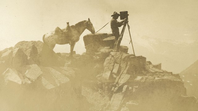 a person taking a photo with a horse on top of a mountain. 