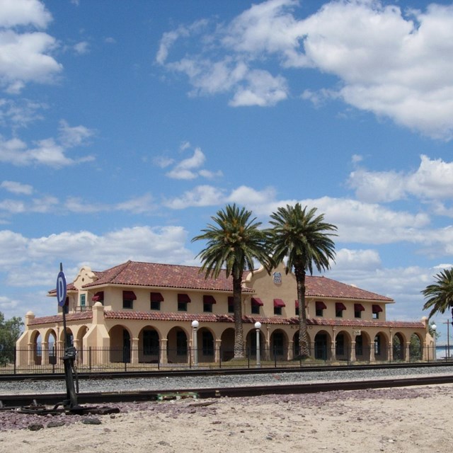 A historic train depot in the middle of the desert.