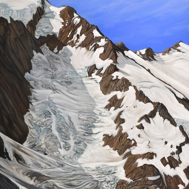 A painting of a mountain glacier tucked into a mountainside crevice under a blue sky.
