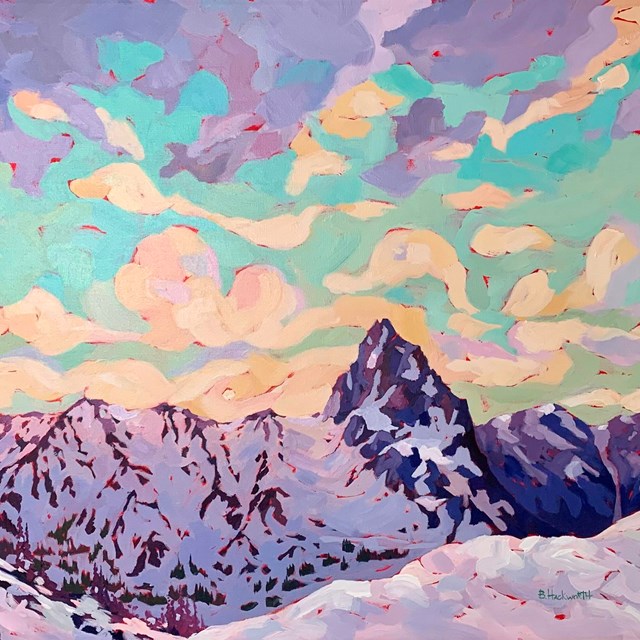 A painting of a snowy mountain landscape in shades of purple. Purple clouds above dissipate into whi