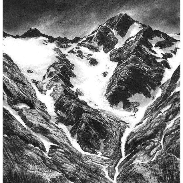 A detailed charcoal drawing of a mountain glacier.