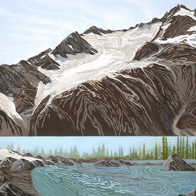 A painting of a mountain glacier with contour-like lines and shading.