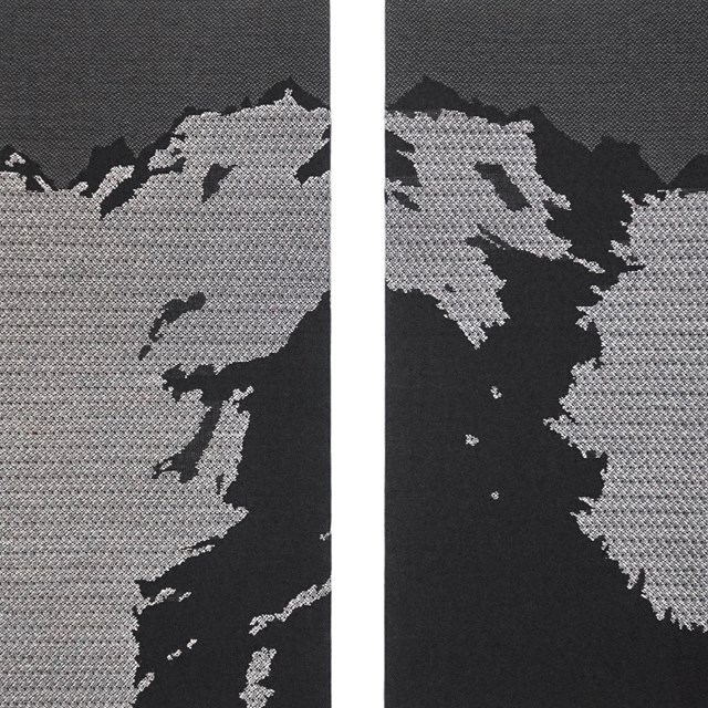 A woven tapestry in two panels forms the image of a mountain glacier in grayscale.