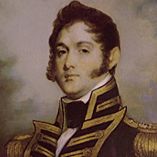 Oliver Hazard Perry in 1812 high collar naval uniform jacket, blue with gold breast trim and epulets